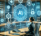 DALL·E 2024-07-11 23.15.51 - A futuristic office scene showing a company secretary working at a desk with holographic displays of AI and blockchain icons around her. The AI icons