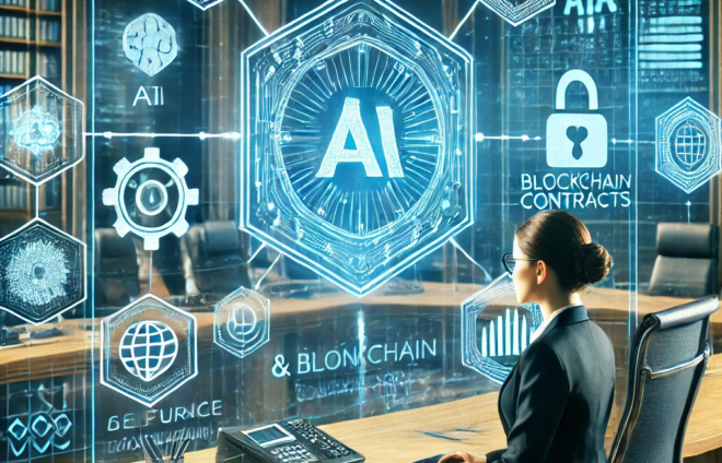DALL·E 2024-07-11 23.15.51 - A futuristic office scene showing a company secretary working at a desk with holographic displays of AI and blockchain icons around her. The AI icons