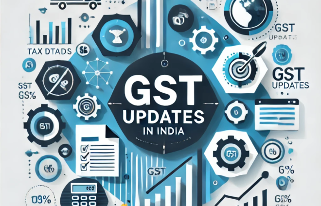DALL·E 2024-07-11 18.10.27 - A modern graphic design depicting GST updates in India. The design should include elements like the GST logo, charts showing tax data trends, and icon