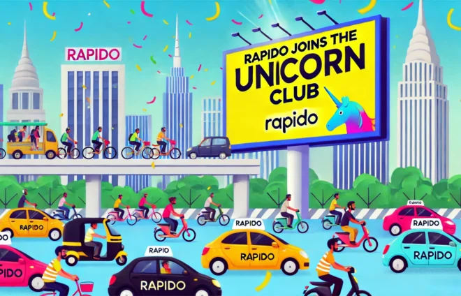 DALL·E 2024-07-30 21.56.14 - Illustration of a vibrant cityscape with bustling traffic and a prominent, cheerful billboard announcing 'Rapido Joins the Unicorn Club'. The scene in