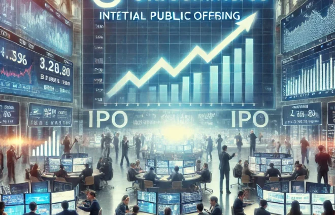 DALL·E 2024-08-01 16.02.32 - A conceptual image representing the initial public offering (IPO) of a tech company, Unicommerce. The scene shows a bustling stock exchange floor with