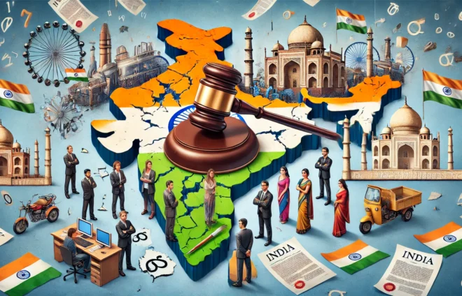 DALL·E 2024-08-01 19.21.09 - A symbolic representation of the Indian IPR laws decriminalization effective August 1, 2024. The scene features a large, shattered gavel over a map of