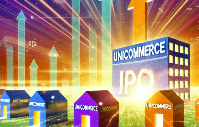 DALL·E 2024-08-14 13.46.33 - A vibrant, dynamic scene illustrating the concept of 'Unicommerce IPO Sparks New Opportunities for Small, Profitable Startups.' In the background, a l