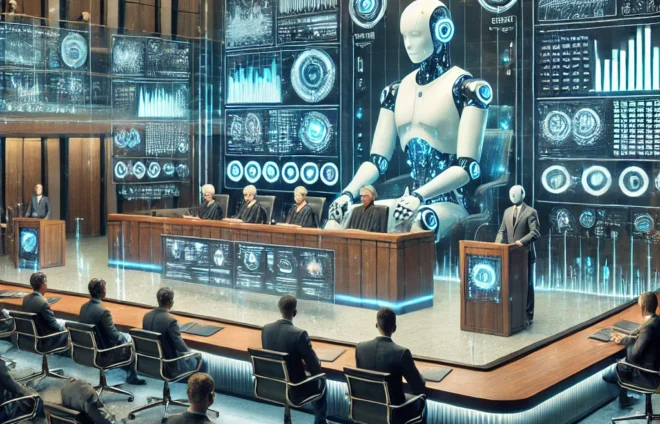 DALL·E 2024-08-16 14.28.55 - A futuristic courtroom scene depicting advanced technology in the legal field. The courtroom is equipped with multiple holographic displays showing da